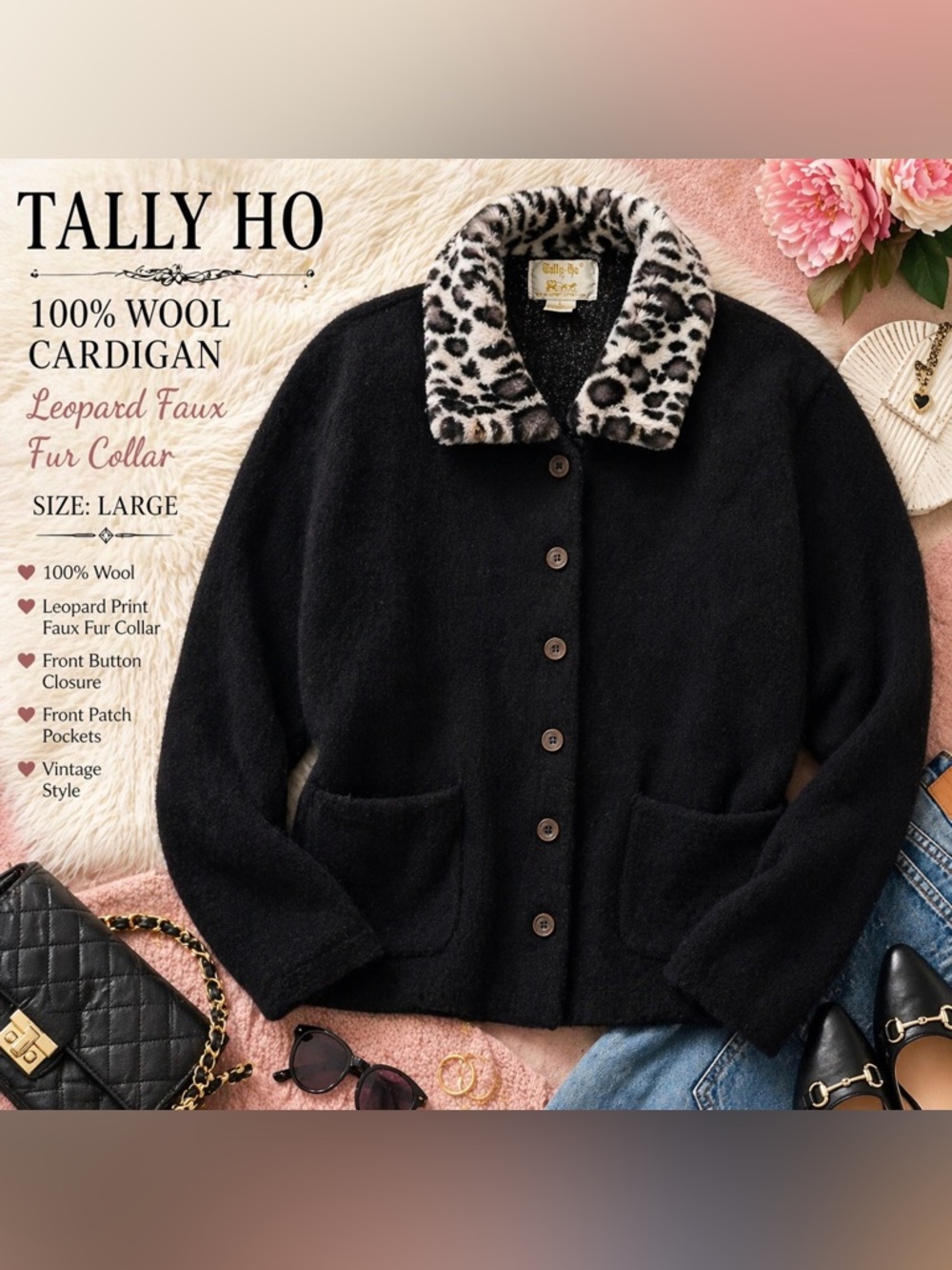 Tally Ho 100% Wool Black Cardigan Jacket Leopard Faux Fur Collar Vintage Large